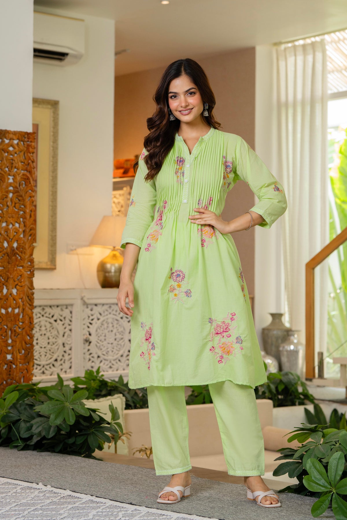 Green Embroidered Printx Work Cotton Co-Ord Set