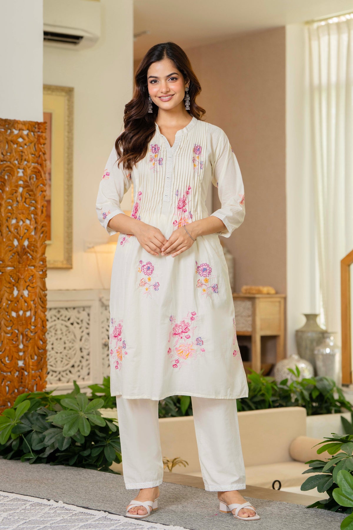 Off White Embroidered Printx Work Cotton Co-Ord Set