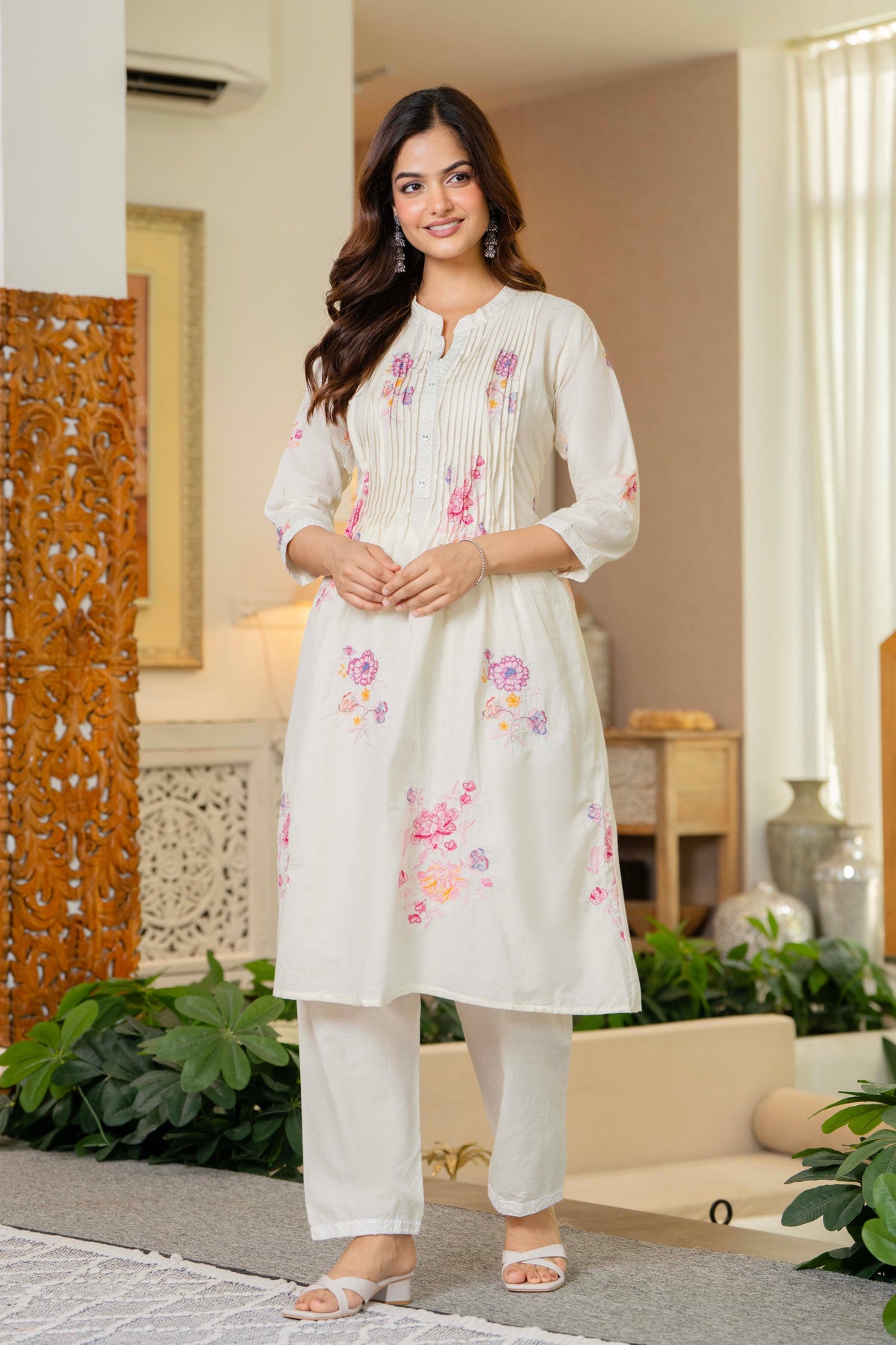 Off White Embroidered Printx Work Cotton Co-Ord Set