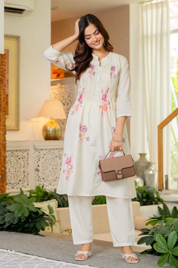 Off White Embroidered Printx Work Cotton Co-Ord Set