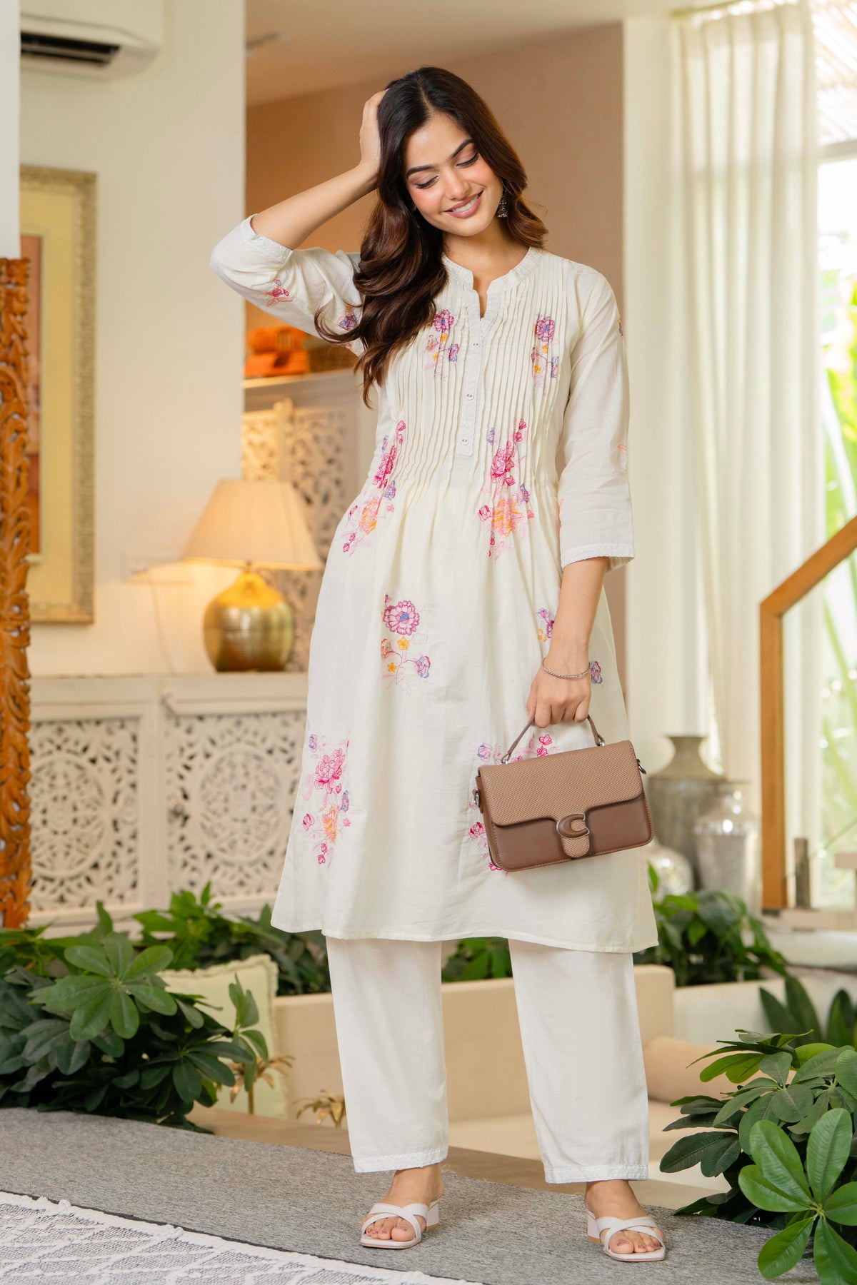 Off White Embroidered Printx Work Cotton Co-Ord Set