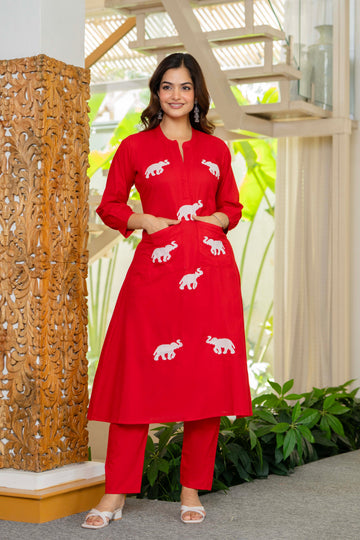 Red Embroidered Cotton Co-Ord Set