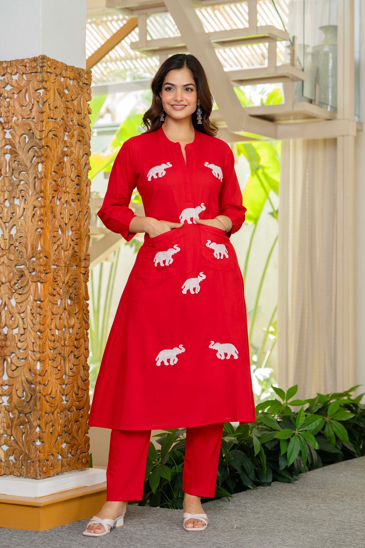 Red Embroidered Cotton Co-Ord Set