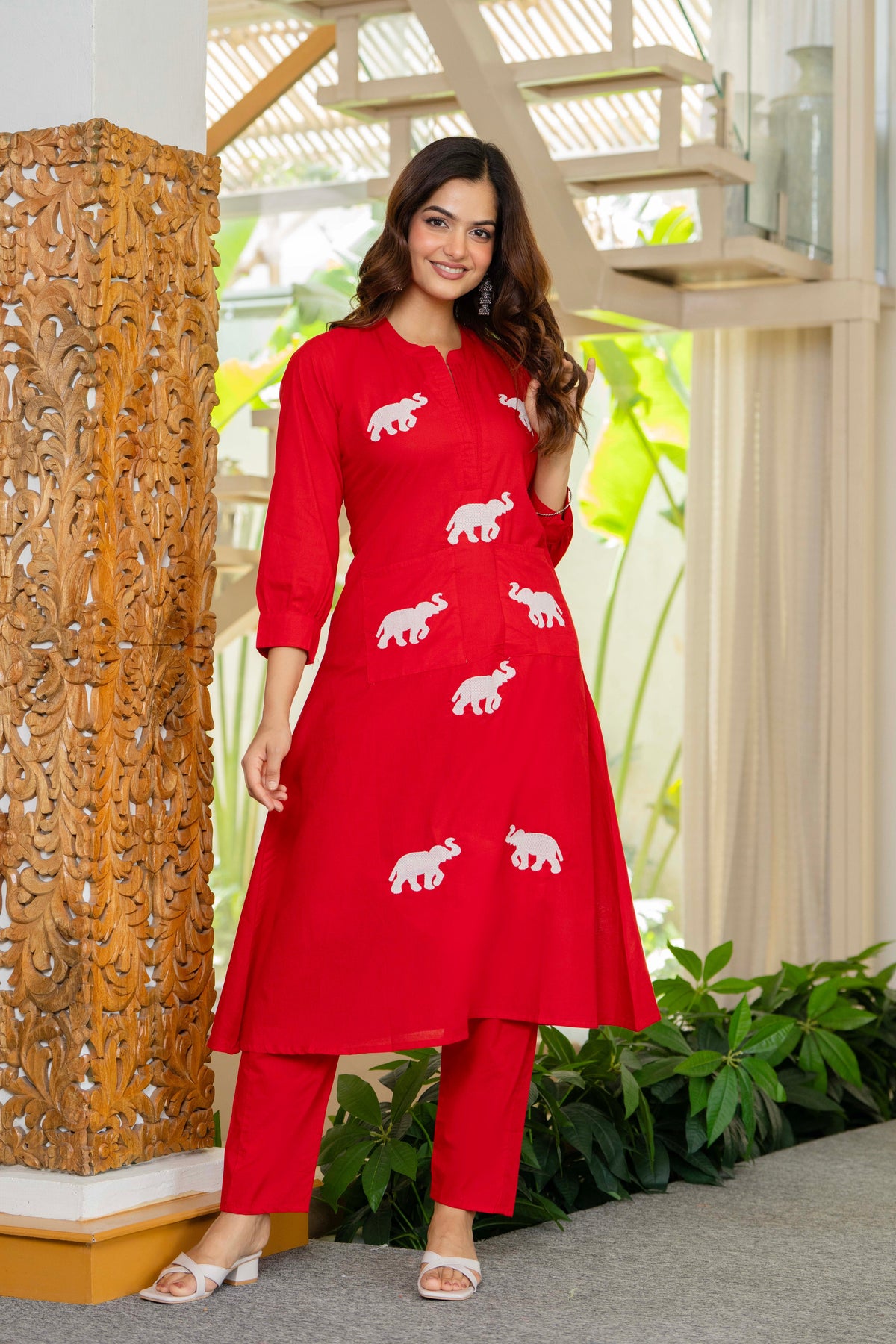 Red Embroidered Cotton Co-Ord Set