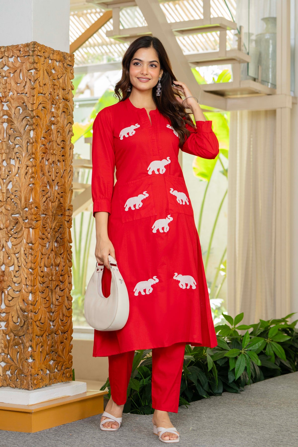 Red Embroidered Cotton Co-Ord Set
