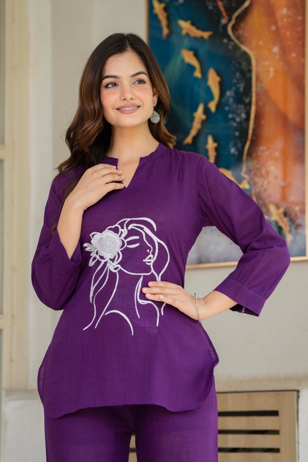 Wine Embroidered Cotton Slub Co-Ord Set