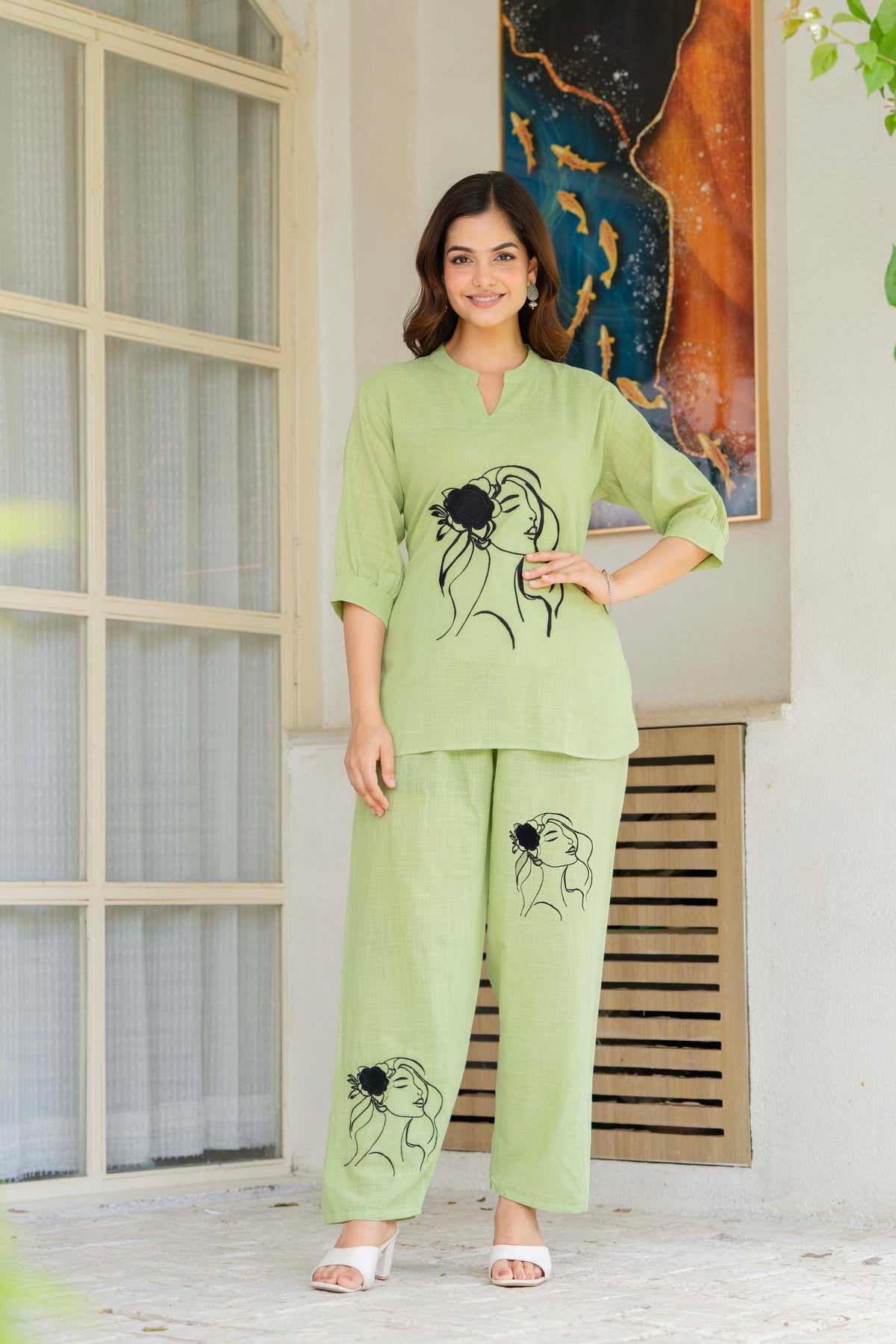 Green Embroidered Cotton Slub Co-Ord Set