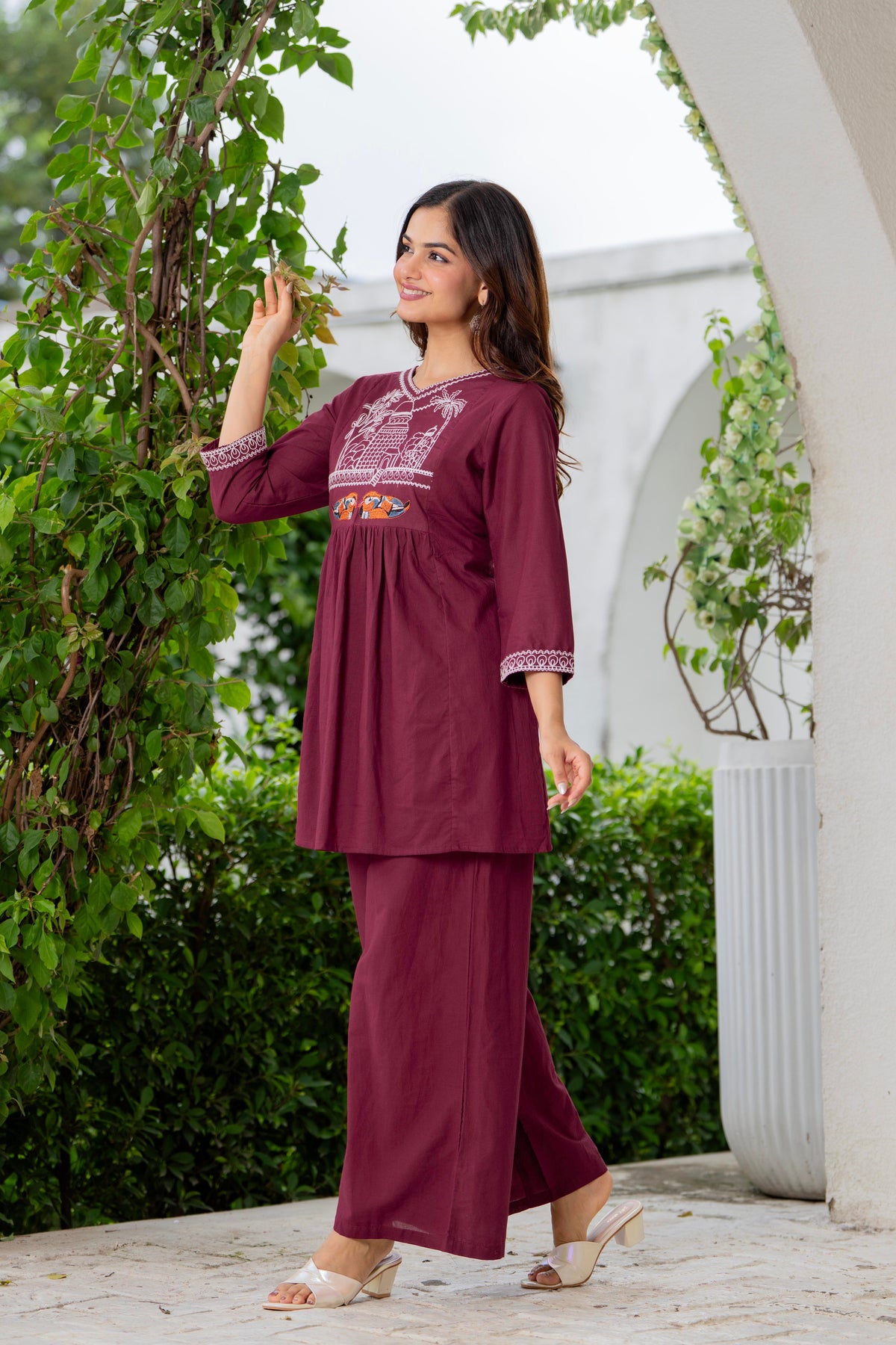 Maroon Embroidered Cotton Co-Ord Set