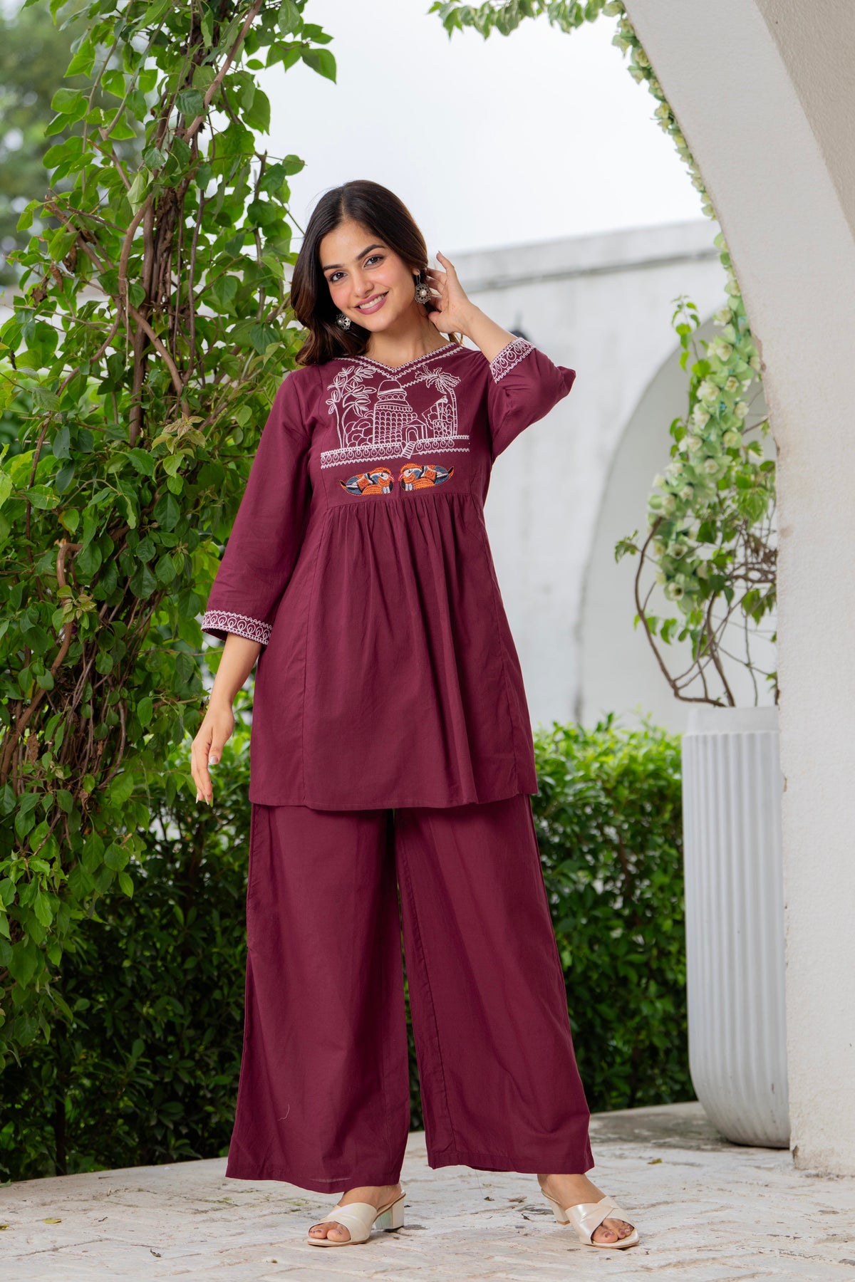 Maroon Embroidered Cotton Co-Ord Set