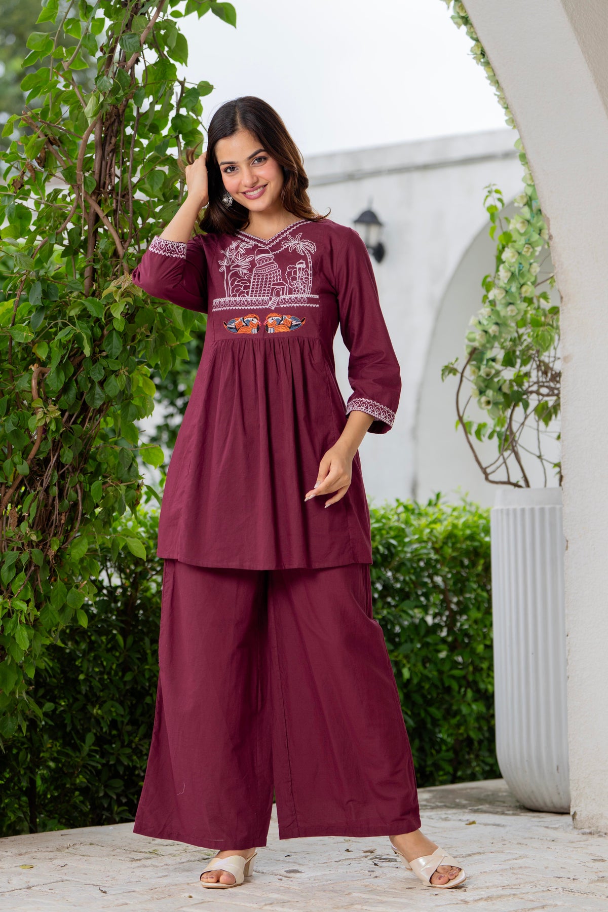 Maroon Embroidered Cotton Co-Ord Set