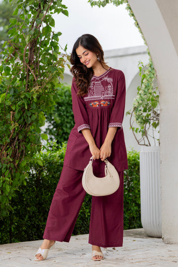 Maroon Embroidered Cotton Co-Ord Set