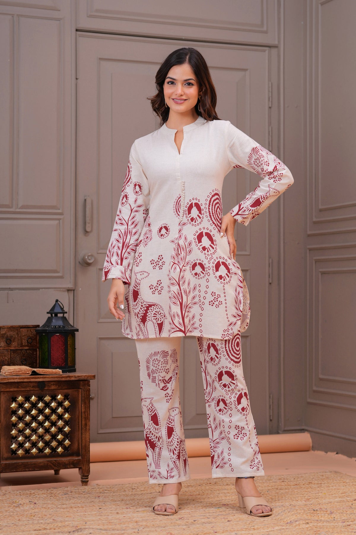 Off White Printed Cotton Flex Co-Ord Set