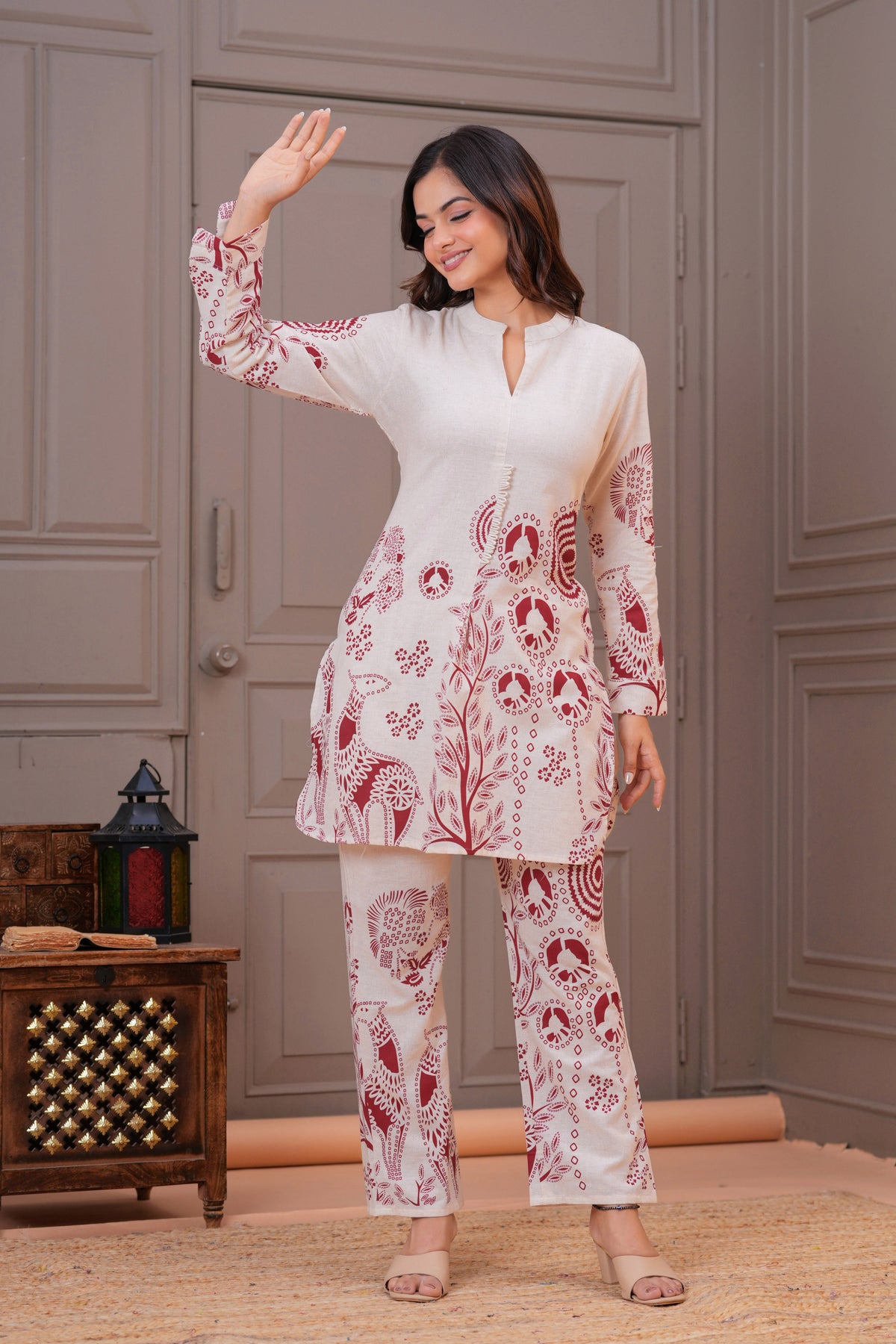 Off White Printed Cotton Flex Co-Ord Set