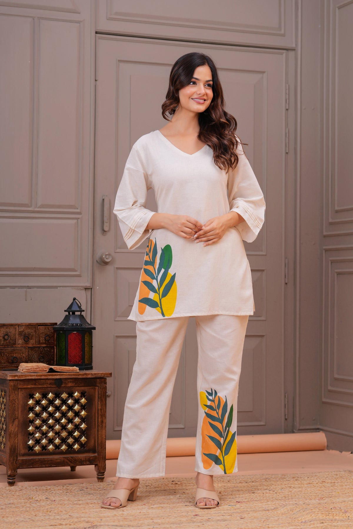 Off White Printed Cotton Flex Co-Ord Set