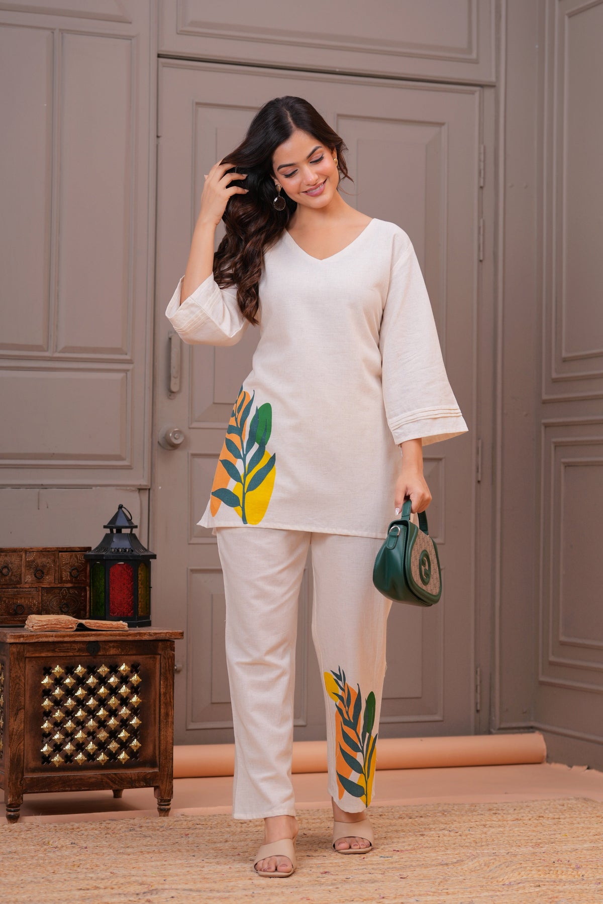 Off White Printed Cotton Flex Co-Ord Set