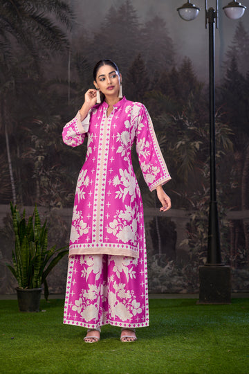 Pink White Printed Turkish Modal Satin Silk Co-Ord Set