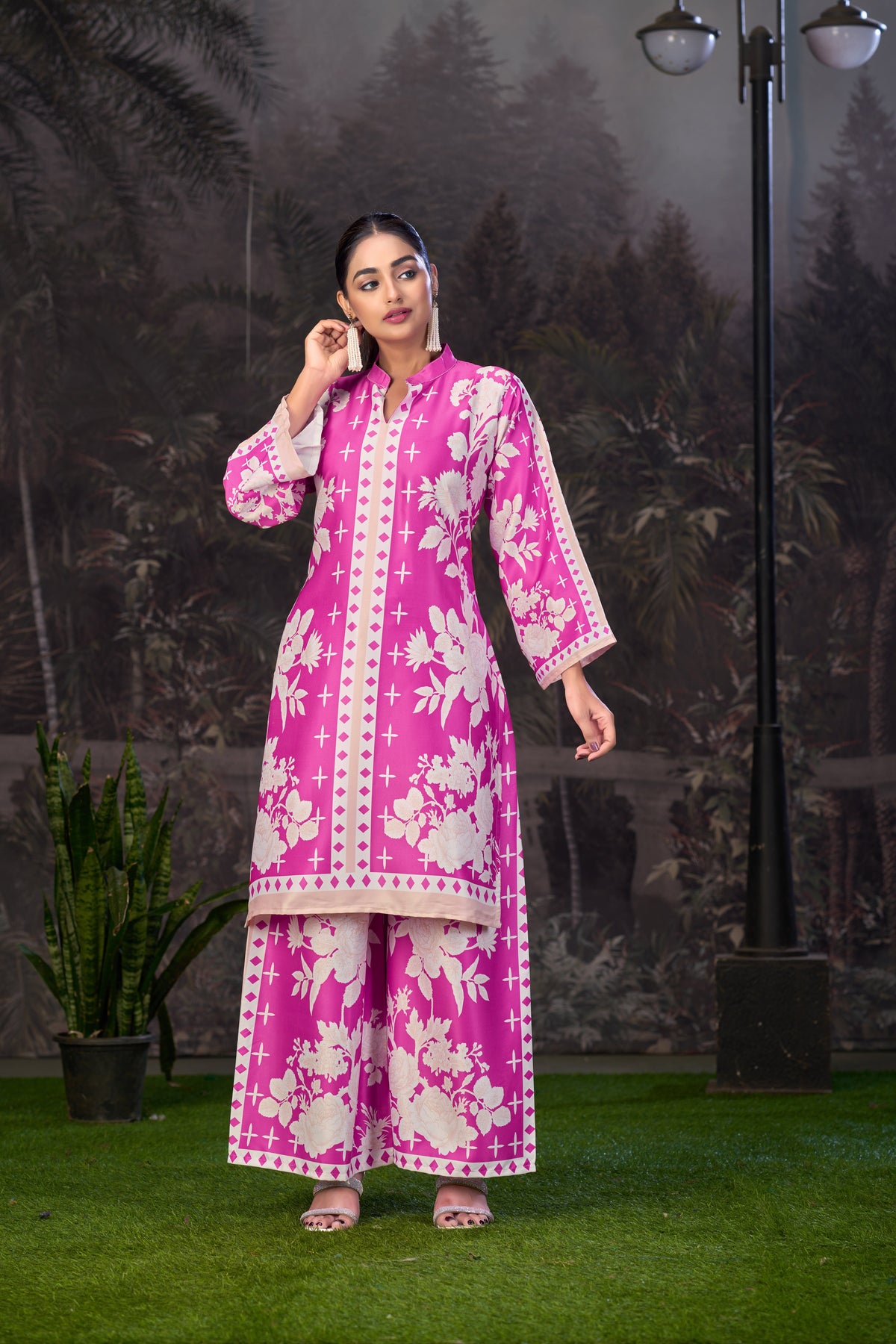 Pink White Printed Turkish Modal Satin Silk Co-Ord Set