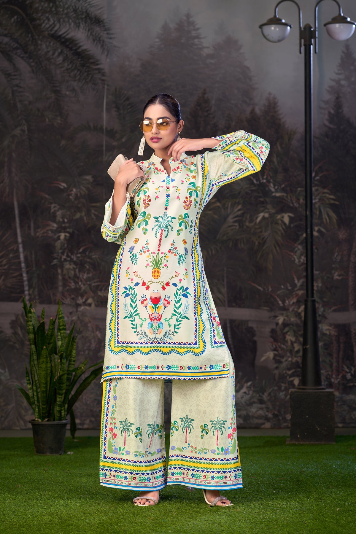 Off White Printed Turkish Modal Satin Silk Co-Ord Set