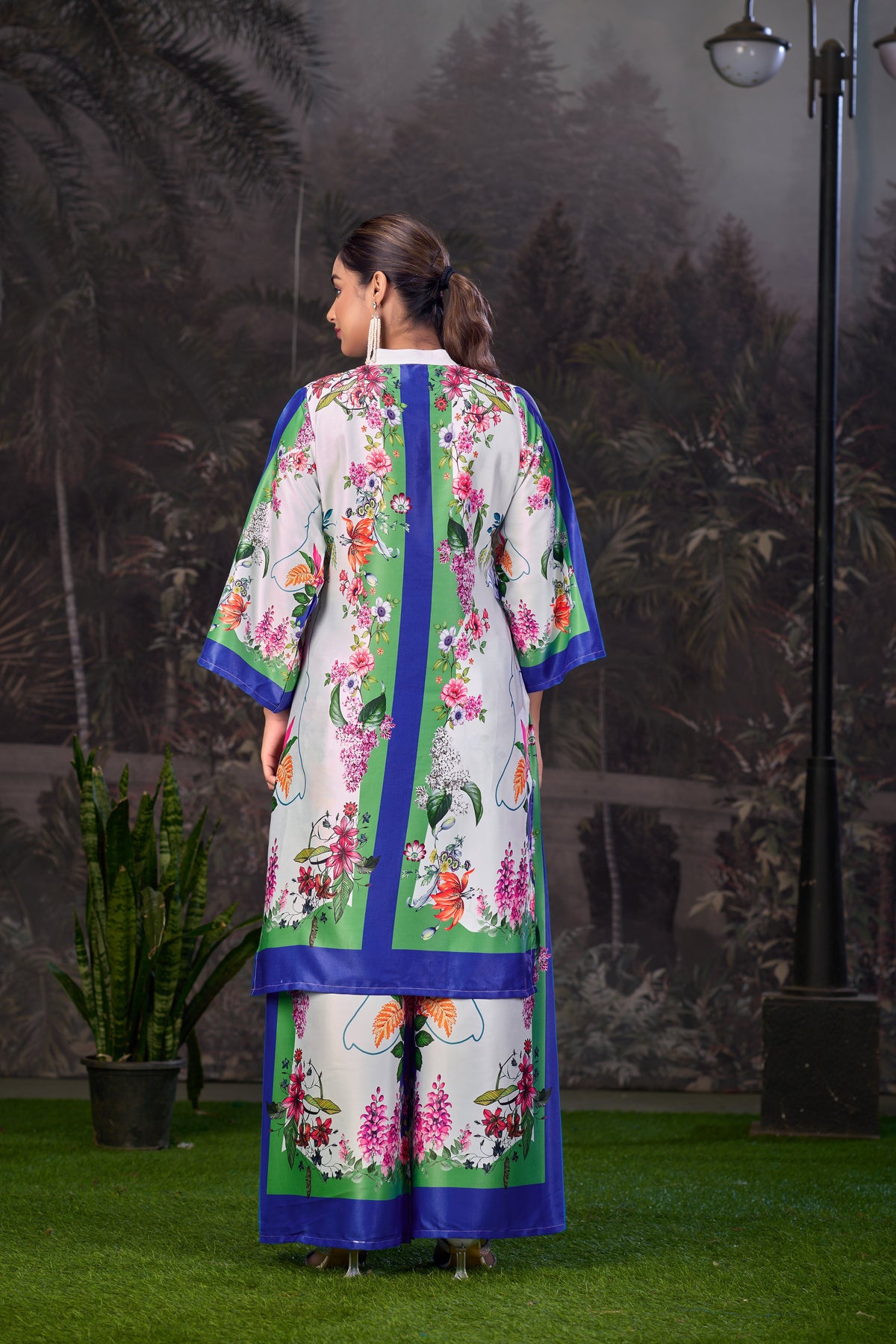 Blue Green Printed Turkish Modal Satin Silk Co-Ord Set