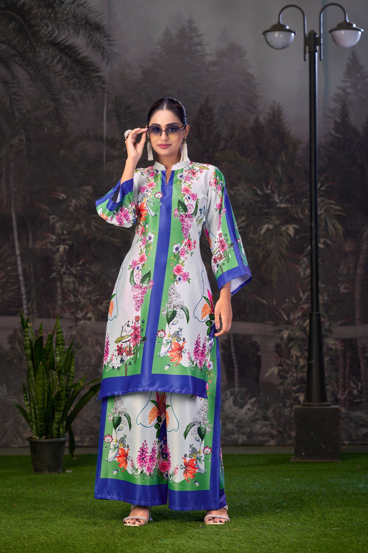 Blue Green Printed Turkish Modal Satin Silk Co-Ord Set