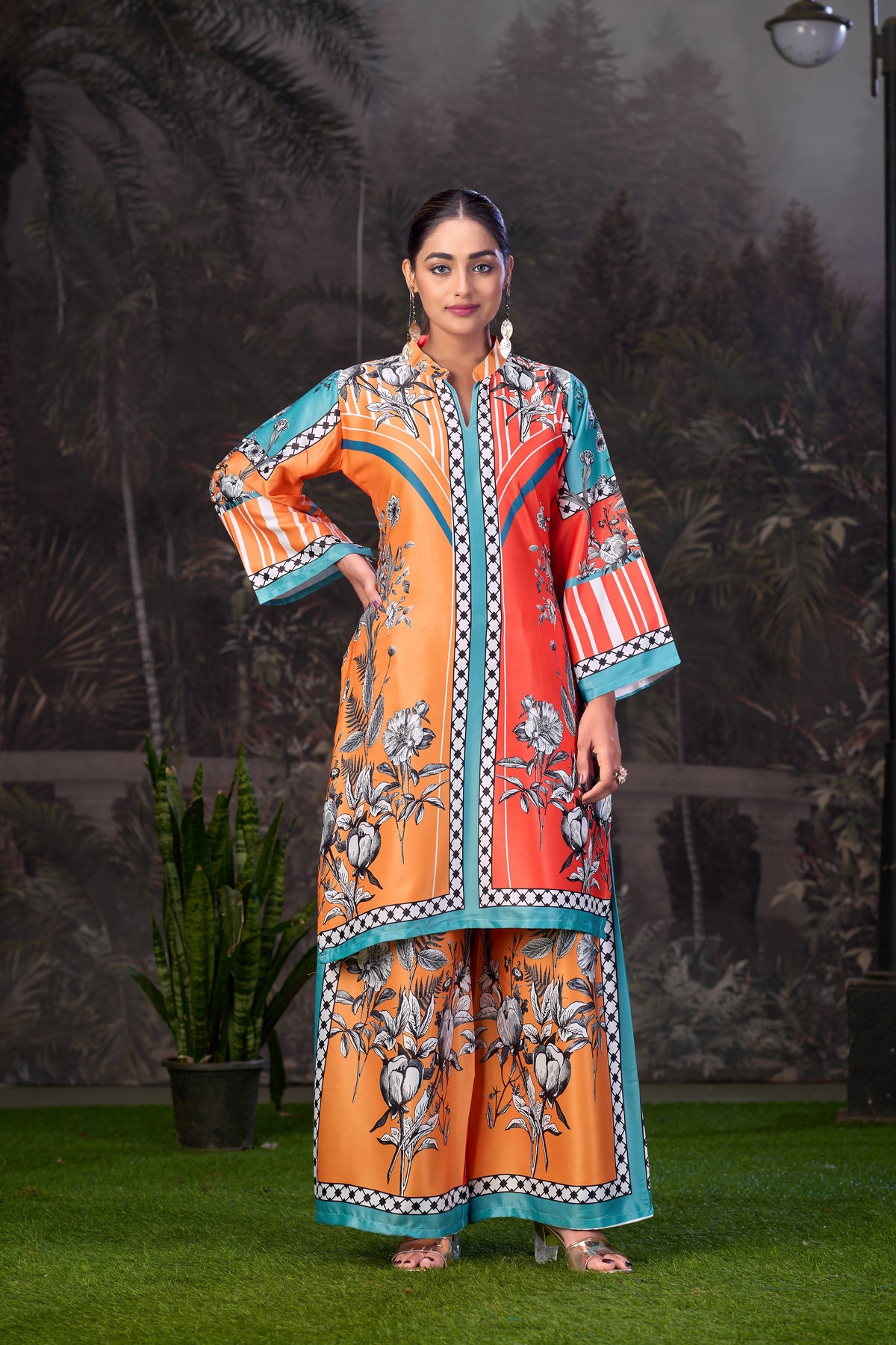Yellow Orange Printed Turkish Modal Satin Silk Co-Ord Set