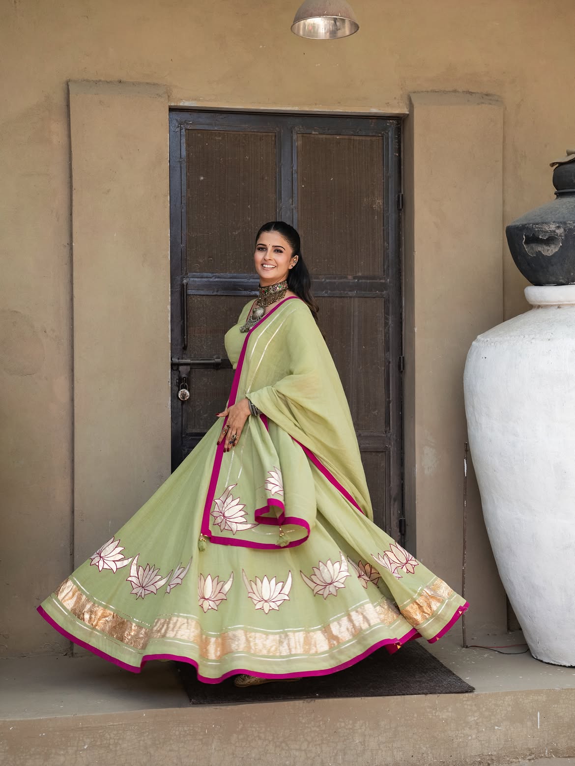 Pistachio Green Cotton Lehenga Set with Hand-Appliqué Lotus Motifs & Magenta Accent Piping