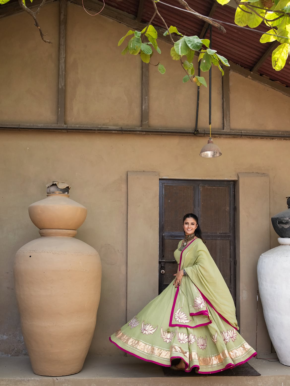 Pistachio Green Cotton Lehenga Set with Hand-Appliqué Lotus Motifs & Magenta Accent Piping