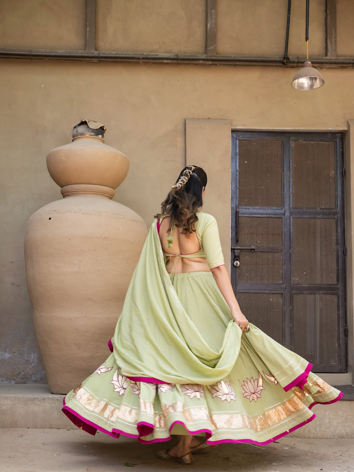 Pistachio Green Cotton Lehenga Set with Hand-Appliqué Lotus Motifs & Magenta Accent Piping
