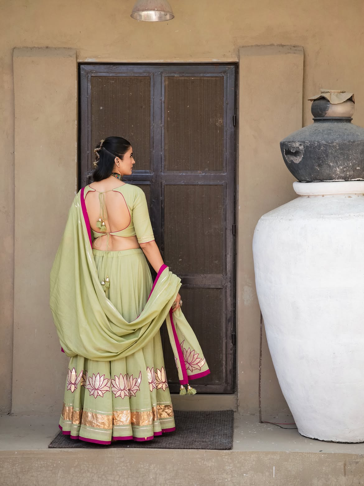 Pistachio Green Cotton Lehenga Set with Hand-Appliqué Lotus Motifs & Magenta Accent Piping