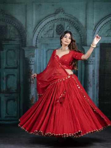 Ruby Red Crushed Georgette Lehenga Set with Shell Detailing & Scalloped Dupatta