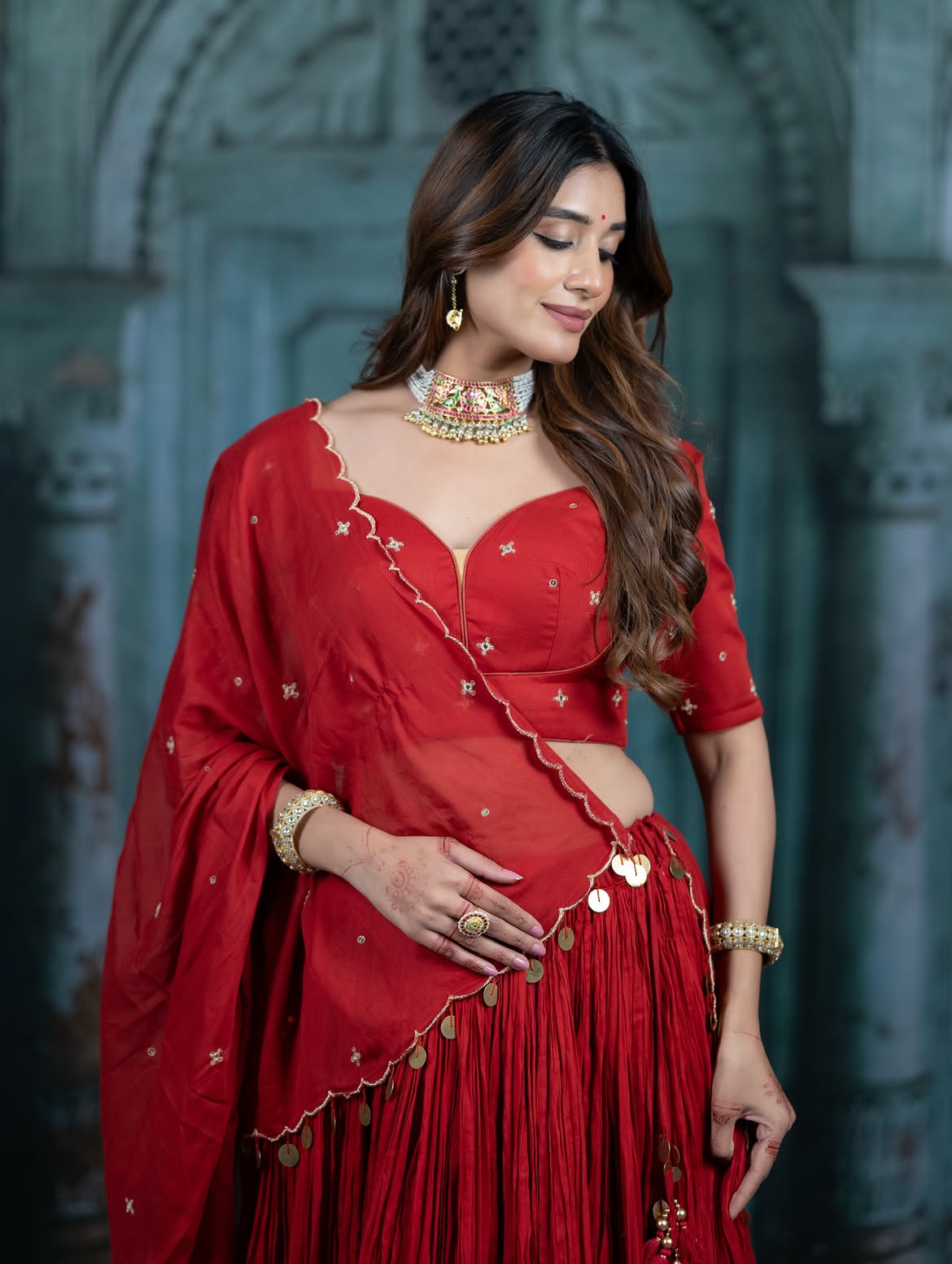 Ruby Red Crushed Georgette Lehenga Set with Shell Detailing & Scalloped Dupatta