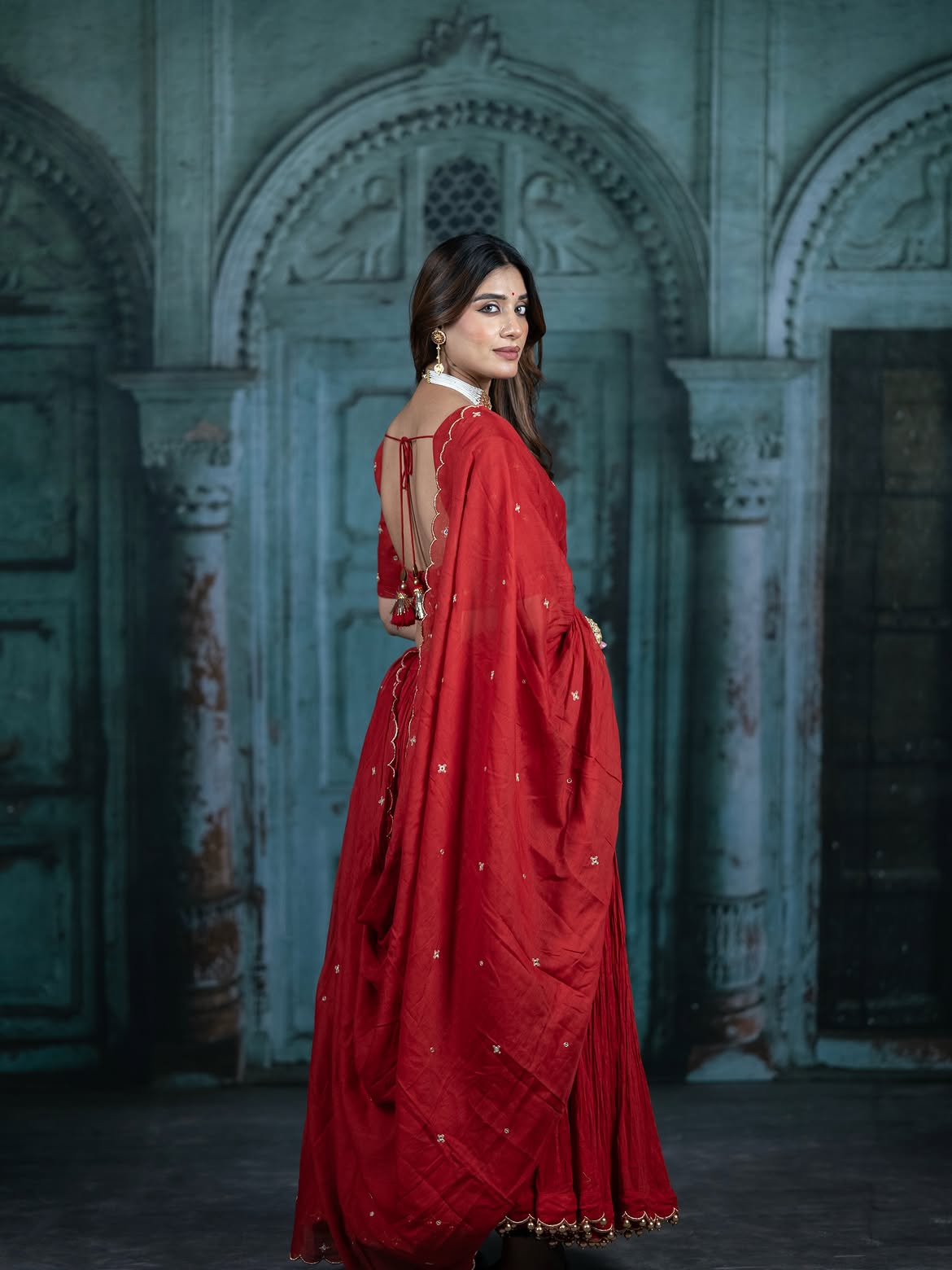 Ruby Red Crushed Georgette Lehenga Set with Shell Detailing & Scalloped Dupatta