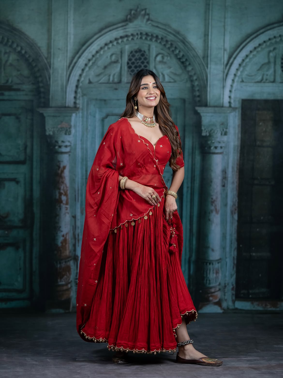 Ruby Red Crushed Georgette Lehenga Set with Shell Detailing & Scalloped Dupatta