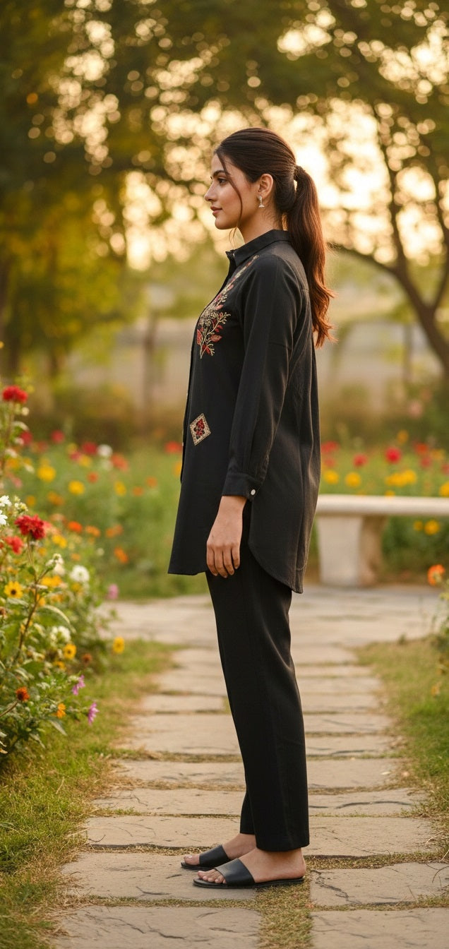 Women’s Black Embroidered Kurta Co-Ord Set | Elegant Shirt Style Tunic with Straight Pants | Festive & Casual Wear