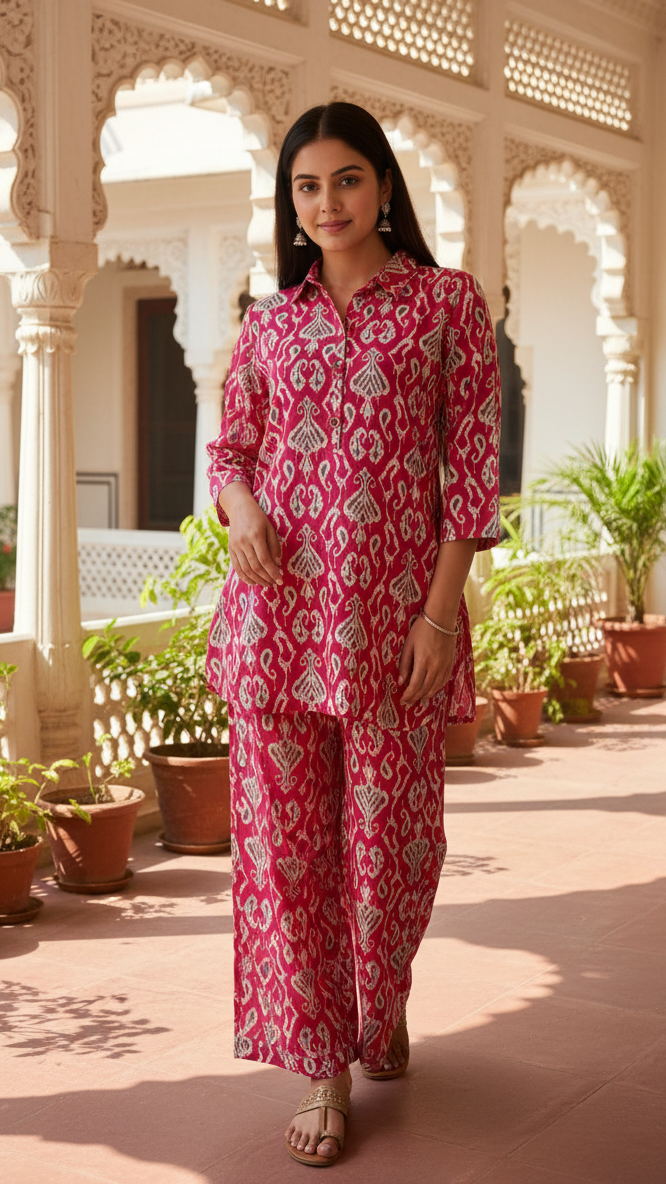 Elegant Pink Cotton Printed Co-Ord Set for Women