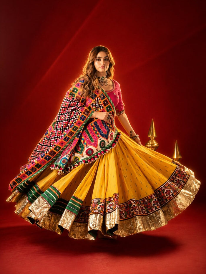 Bright Yellow & Magenta Cotton Navratri Chaniya Choli Set with Multicolored Heavy Embroidered Dupatta