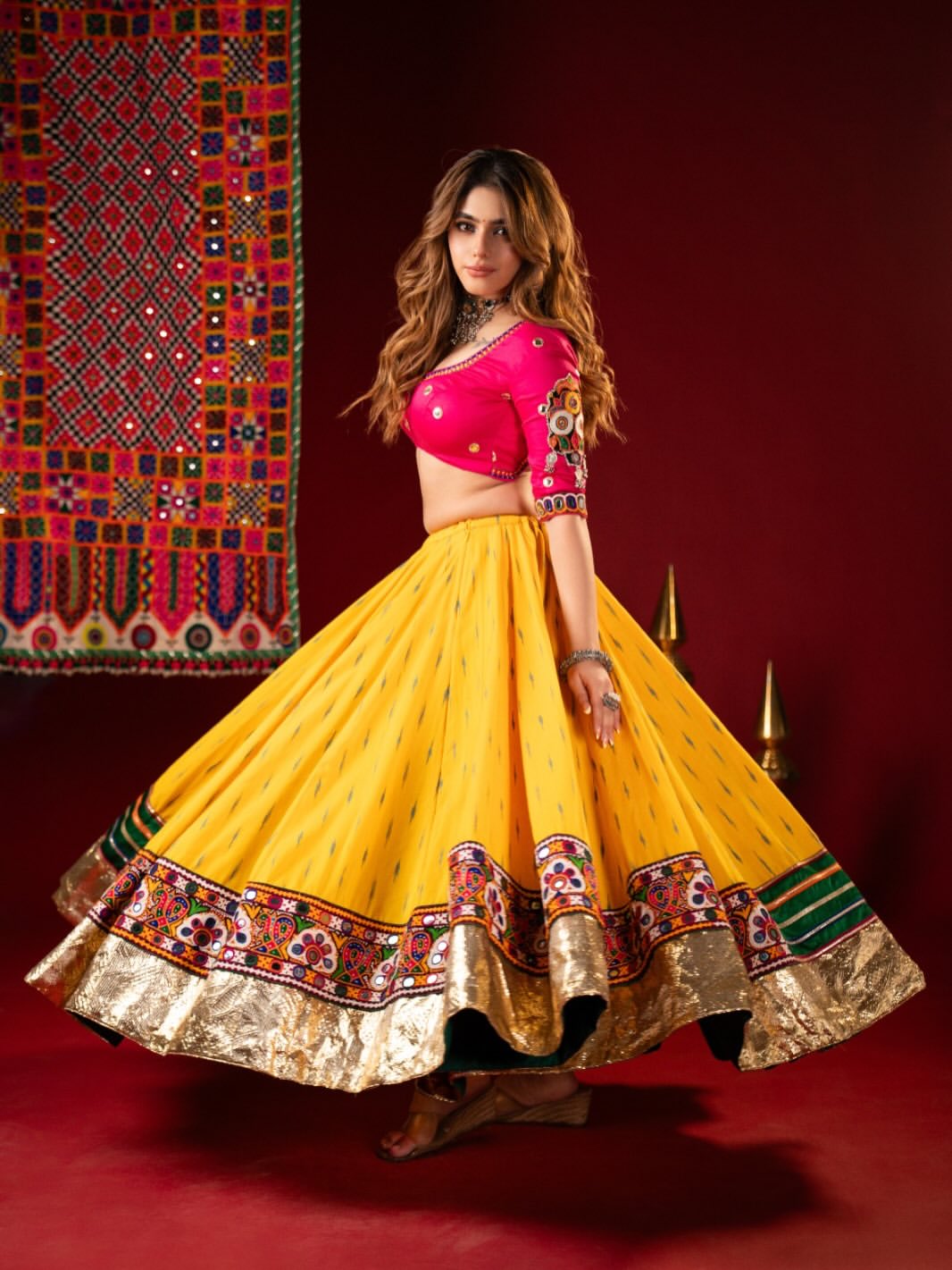 Bright Yellow & Magenta Cotton Navratri Chaniya Choli Set with Multicolored Heavy Embroidered Dupatta