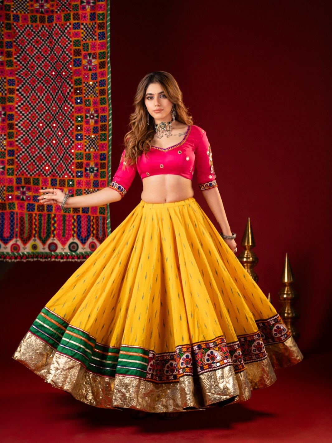 Bright Yellow & Magenta Cotton Navratri Chaniya Choli Set with Multicolored Heavy Embroidered Dupatta