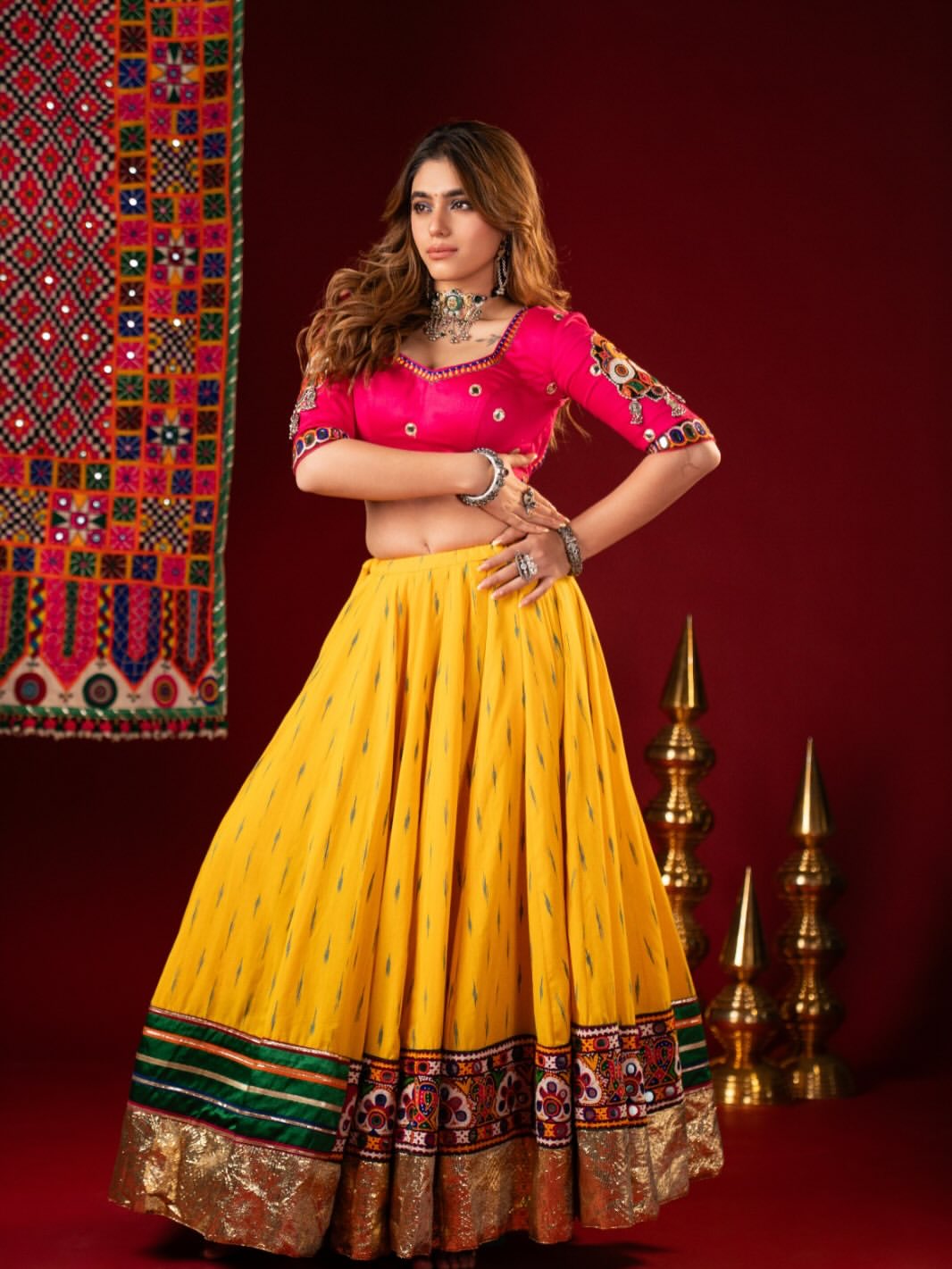 Bright Yellow & Magenta Cotton Navratri Chaniya Choli Set with Multicolored Heavy Embroidered Dupatta