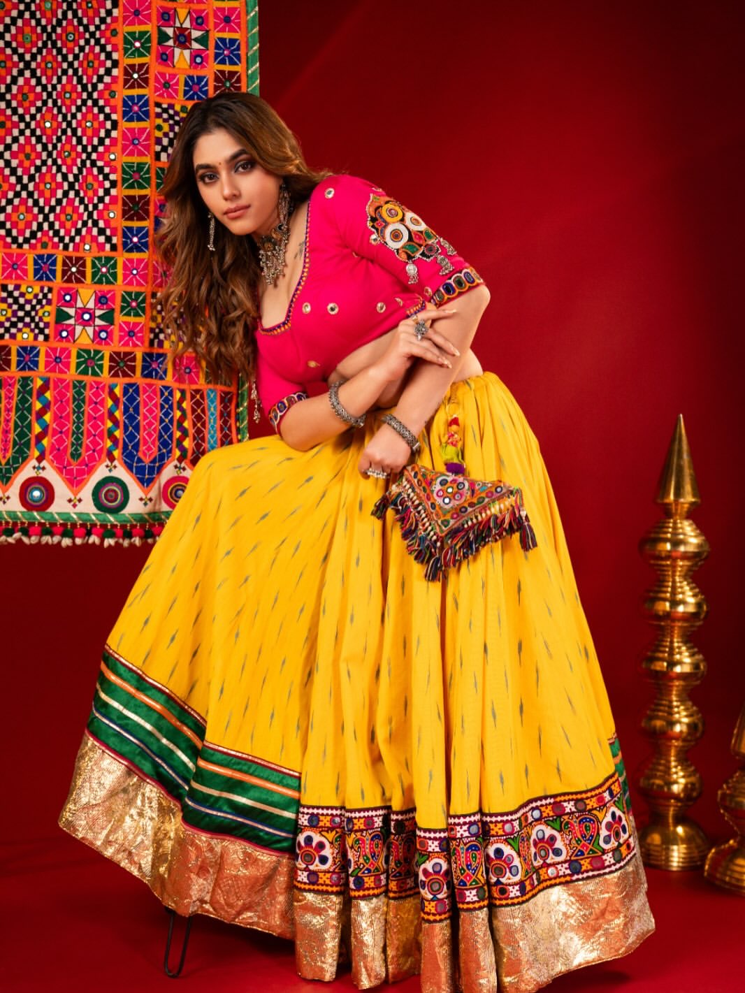 Bright Yellow & Magenta Cotton Navratri Chaniya Choli Set with Multicolored Heavy Embroidered Dupatta