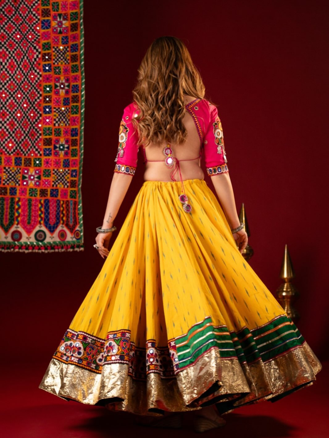 Bright Yellow & Magenta Cotton Navratri Chaniya Choli Set with Multicolored Heavy Embroidered Dupatta