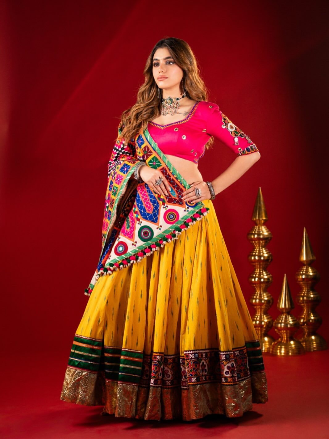 Bright Yellow & Magenta Cotton Navratri Chaniya Choli Set with Multicolored Heavy Embroidered Dupatta