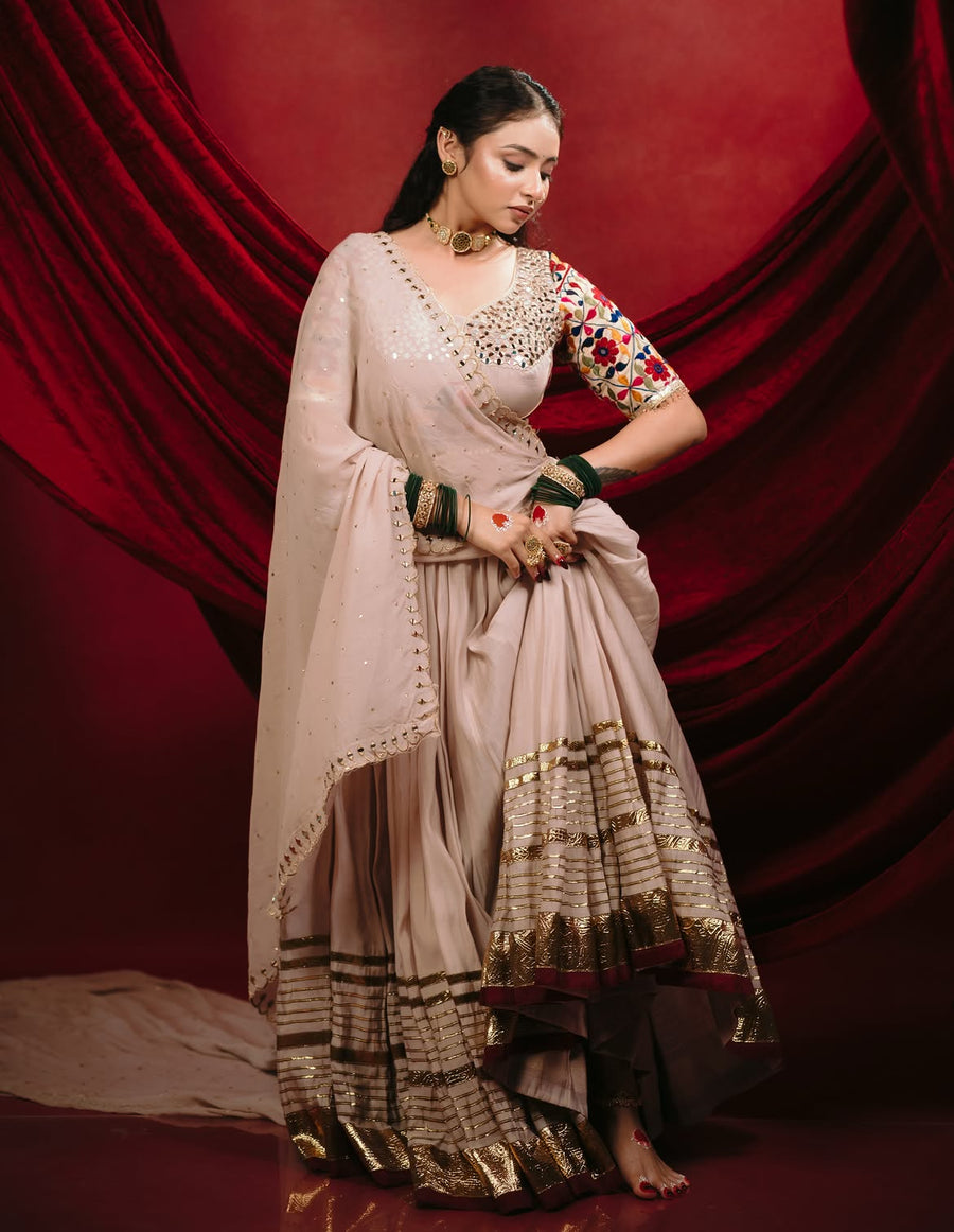 Beige & Gold Gamthi Work Lehenga Set with Mirror Work Choli & Sequin Dupatta