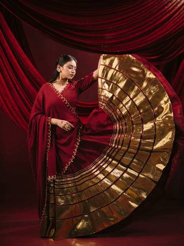Royal Crimson Red Flared Lehenga Set with Statement Metallic Gold Border & Embroidered Scallop Dupatta