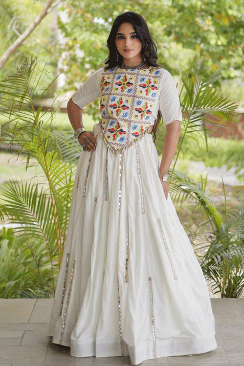 Traditional Real Mirror Work White Color Lehenga Choli For Raas Night