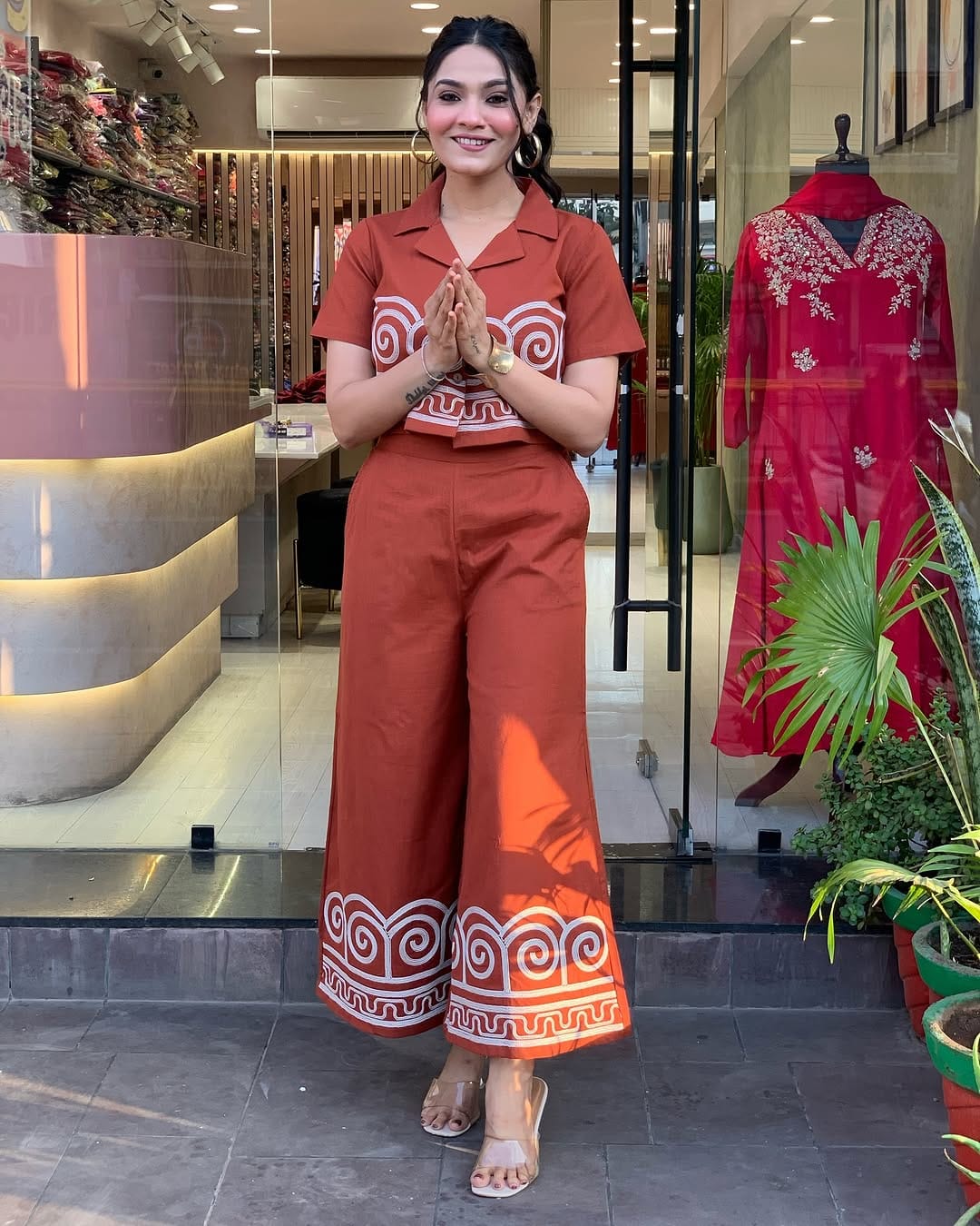 Pale Red Embroidered Cotton Co-Ord Set