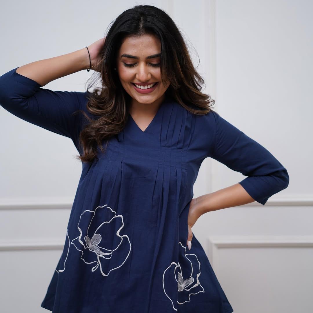 Navy Blue Embroidered Cotton Co-Ord Set