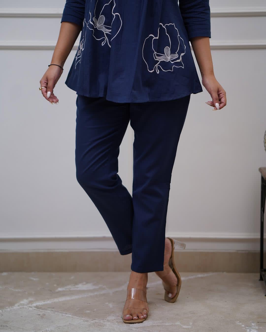 Navy Blue Embroidered Cotton Co-Ord Set