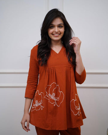 Rusty Red Embroidered Cotton Co-Ord Set
