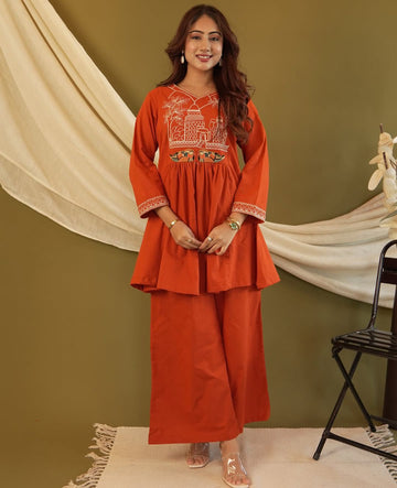 Rust Orange Embroidered Cotton Co-Ord Set
